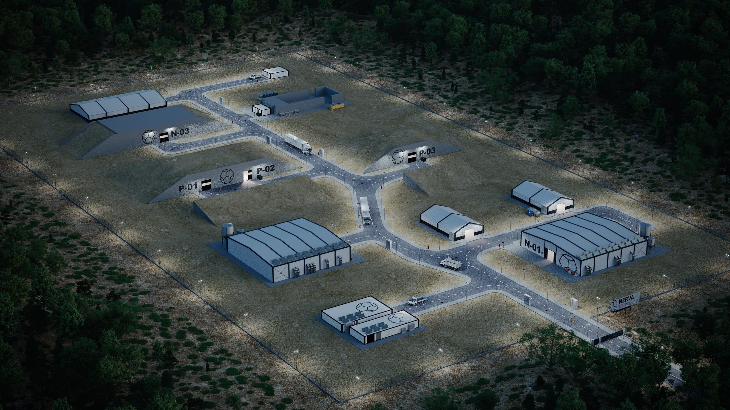 Render aéreo nocturno del complejo industrial Bastión-1 de Nerva Technologies, con sus naves y viales iluminados.